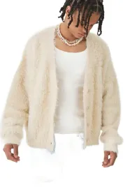 boohooman-meski-sweter-bezowy-pluszowy-rozpinany-bez-kaptura-l-z3a