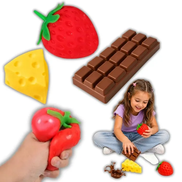 Zestaw 3 Gniotków Squishy Truskawka Czekolada Ser Antystres Sensoryczny
