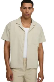 boohooman-meska-koszula-casual-bezowa-krotki-rekaw-kieszen-l-z3a