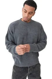 boohooman-meski-sweter-szary-gruby-sznurkowy-warkocz-okragly-dekolt-l-z3a
