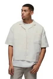 boohooman-meska-koszula-casual-kremowa-krotki-rekaw-kieszen-l-z3a