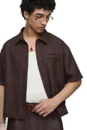 boohooman-meska-koszula-casual-krotki-rekaw-brazowa-z-kieszeniami-m-z3a