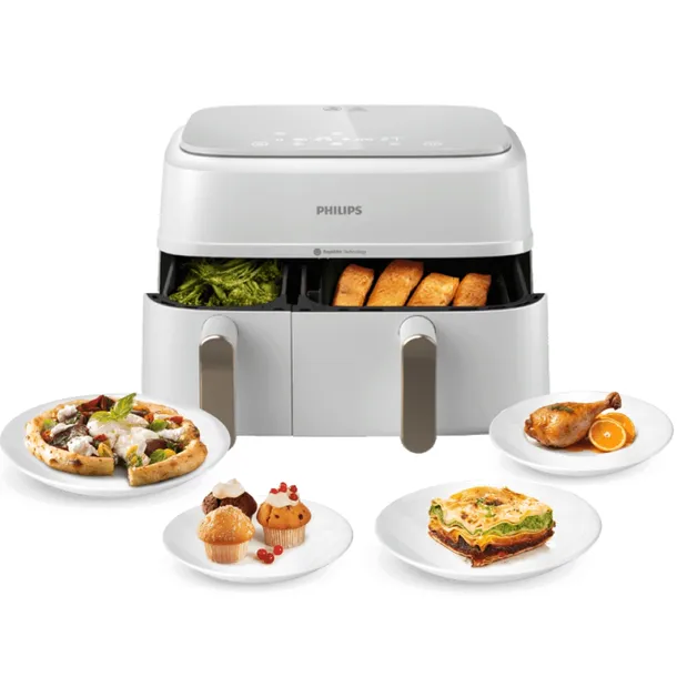 Frytkownica dwukomorowa beztłuszczowa Air Fryer Philips Ovi Dual Basket NA353/10 2750W 9l biała dwa kosze programy automatyczne timer