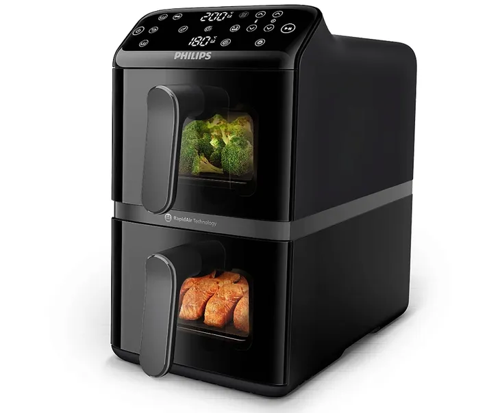 Frytkownica dwukomorowa beztłuszczowa Air Fryer Philips Ovi Stacked Dual Basket NA460/00 2750W 10l dwa kosze aplikacja czarna