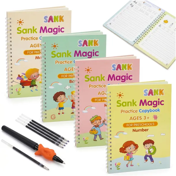 4x KSIĄŻECZKI NAUKA PISANIA LICZENIA ZNIKOPIS MAGICZNY ŻŁOBIONE ZESTAW