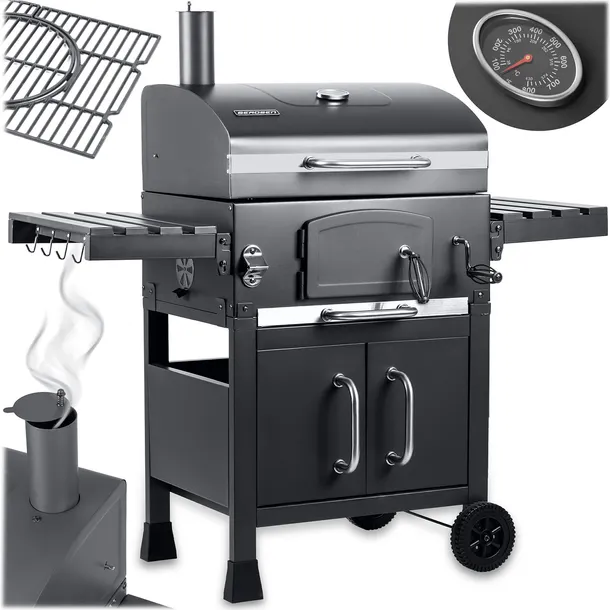 GRILL WĘGLOWY OGRODOWY KOMIN ŻELIWNY RUSZT Z POKRYWĄ POPIELNIK + TERMOMETR