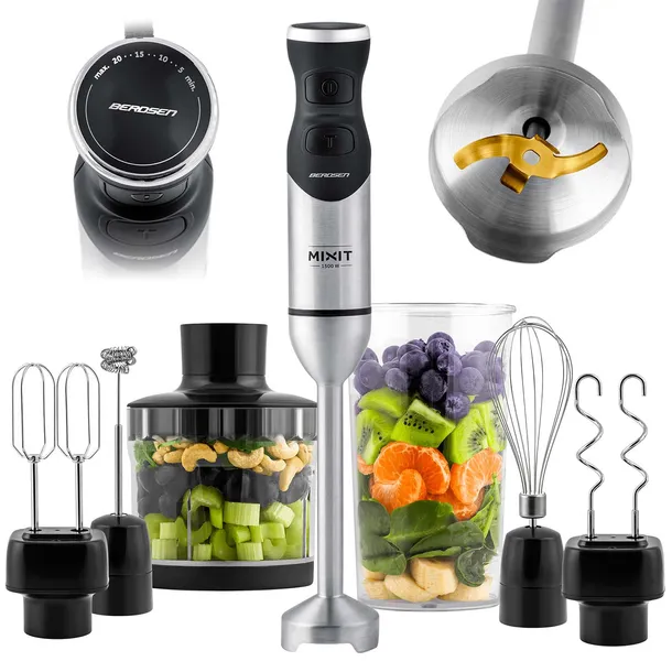 Blender ręczny 1500W czarny Berdsen tytanowe ostrza wielofunkcyjny 6w1