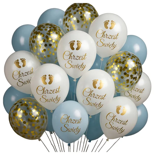 BALONY Białe CHRZEST Święty Dekoracje 25szt NIEBIESKIE Złote Konfetti HEL
