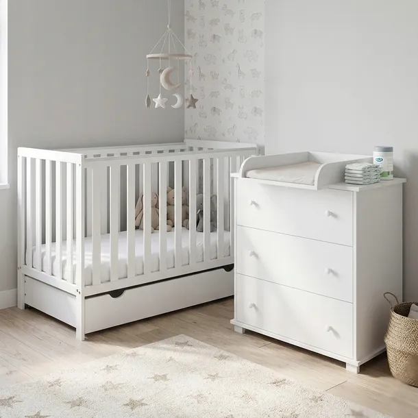 ZESTAW Komoda z przewijakiem Łóżeczko 2w1 BAMBI 120x60 z szufladą : GRATIS