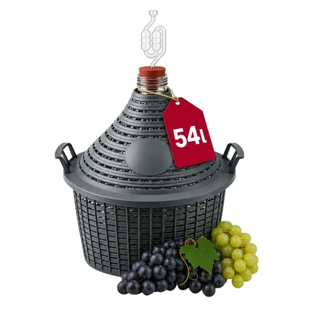 Balon gąsior szklany 54l z rurką i korkiem do fermentacji w koszu do wina