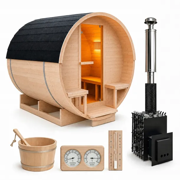 Sauna ogrodowa beczka 220x240cm + piec na drewno