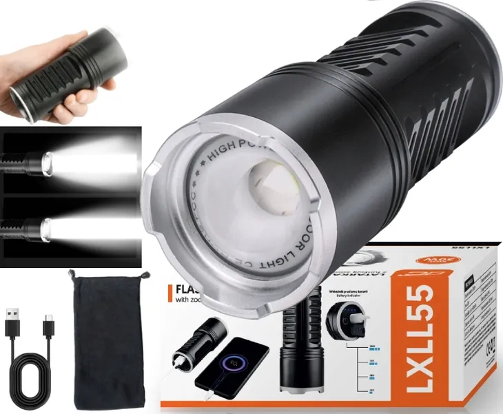 POTĘŻNA MOC LATARKA LTC 30W 3000LM ZASIĘG 1KM ZOOM POWERBANK ALUMINIUM ETUI