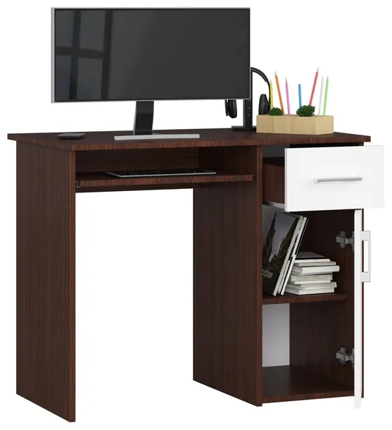 biurko-komputerowe-male-wenge-do-pokoju-biura-3-polki-szuflada-biala-90-cm-stan-nowy