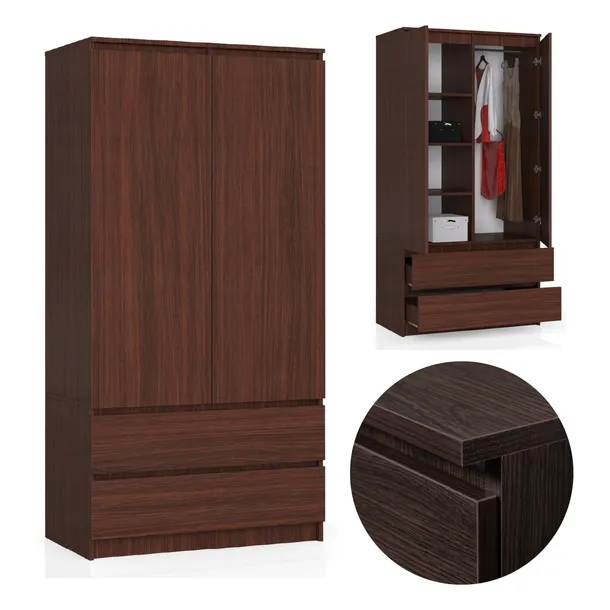 Szafa dwudrzwiowa 90 cm sypialnia 2 drzwi 2 szuflady 4 półki drążek Wenge