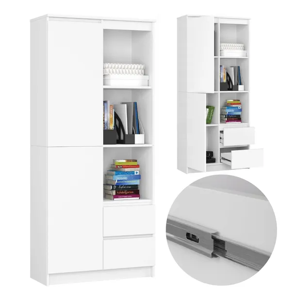Regał stojący R11 80 cm biurowy 1 drzwi 2 szuflady 7 półek książki Biały