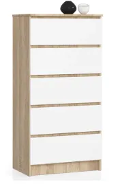 komoda-do-salonu-waska-60-cm-5-szuflad-szafka-bezuchwytowa-dab-sonoma-biala