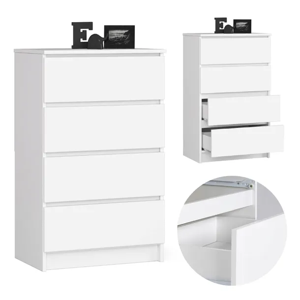 Komoda do salonu klasyczna 60 cm 4 szuflady bezuchwytowa szafka duża Biała