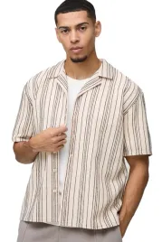 boohooman-meska-koszula-elegancka-bezowa-w-paski-krotki-rekaw-xs-z3a