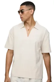 boohooman-koszula-meska-bezowa-krotki-rekaw-z-kolnierzykiem-casual-s-z3a