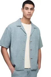 boohooman-meska-koszula-casual-niebieska-krotki-rekaw-wzor-paski-l-z3a