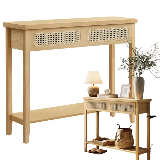 Stolik wąski Konsola Boho do Przedpokoju 100x80x30 Jasny Dąb z szufladami