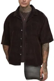 boohooman-meska-koszula-casual-krotki-rekaw-brazowa-sztruks-xl-z3a