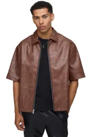 boohooman-meska-koszula-casual-brazowa-z-krotkim-rekawem-z-zamkiem-xs-z3a