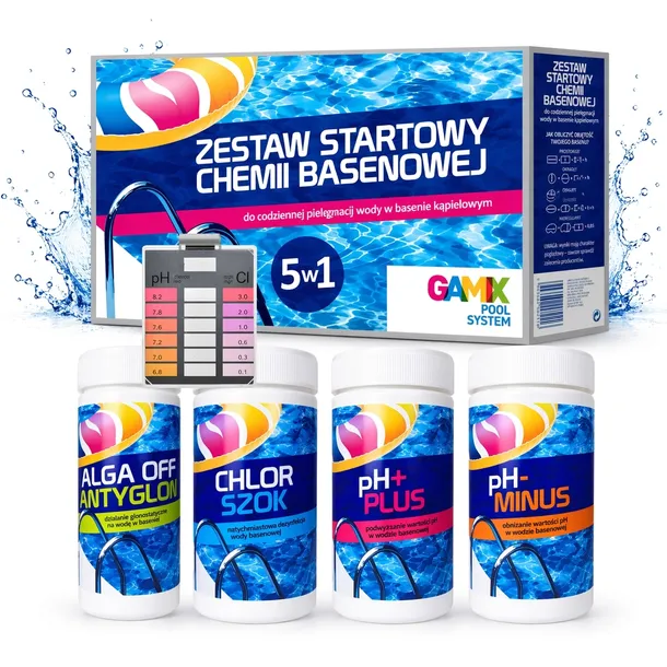 ZESTAW do Basenu 5w1 Chlor PH Antyglon Tester Czysta Woda