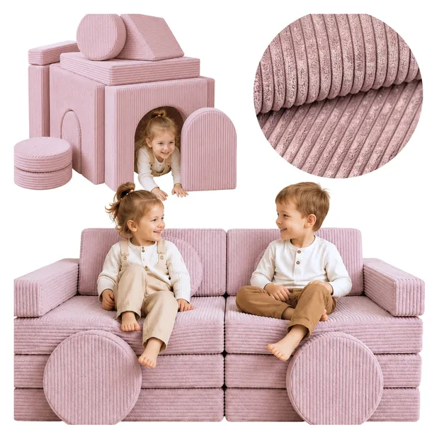 SOFA MODUŁOWA DLA DZIECKA Velinda Piankowa Klocki Sztruksowa Różowa 140 cm