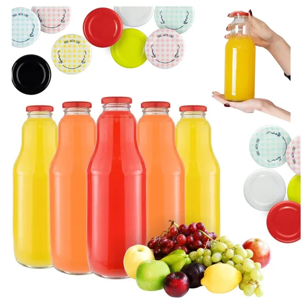 25x Butelki Szklane FRUIT 1L Butelka Na Sok Soki Mleko 1000ml + Wieczko