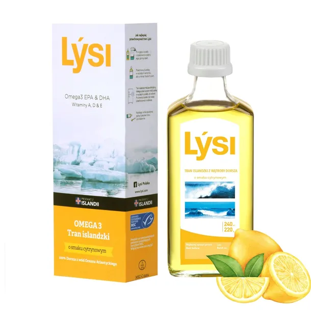 Lysi TRAN ISLANDZKI CYTRYNOWY z WĄTROBY DORSZA DHA EPA 240ml