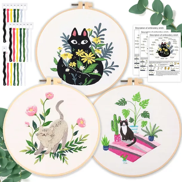 ZESTAW DO HAFTOWANIA WYSZYWANIE HAFTU KOTKI KWIATY DIY + 3 SZT KOLORY MULIN