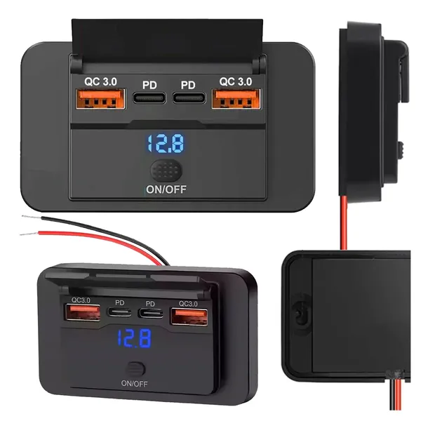 GNIAZDO SAMOCHODOWE MONTAŻOWE 12V 24V 4 PORTY USB 96W WOLTOMIERZ ON OFF