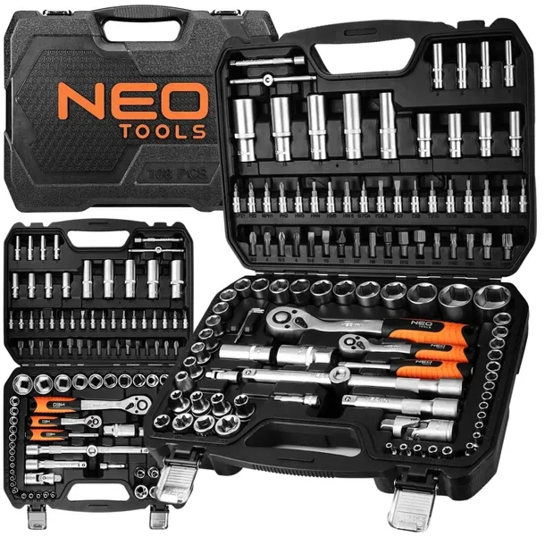 NEO TOOLS Zestaw Kluczy Nasadowych 108 el. 1/2" 1/4" Walizka Stal CrV