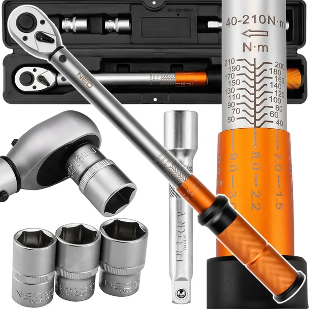 NEO TOOLS KLUCZ DYNAMOMETRYCZNY 40-210NM + 3 NASADKI 17, 19, 21 MM + - 3%