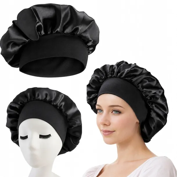 SATYNOWY CZEPEK DO SPANIA OLEJOWANIA NA WŁOSY JEDWABNY Z OPASKĄ CZARNY