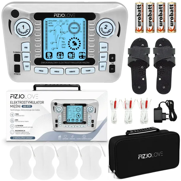 ELEKTROSTYMULATOR MIĘŚNI MASAŻER TENS EMS +ELEKTRODY+BATERIE ZESTAW XXL