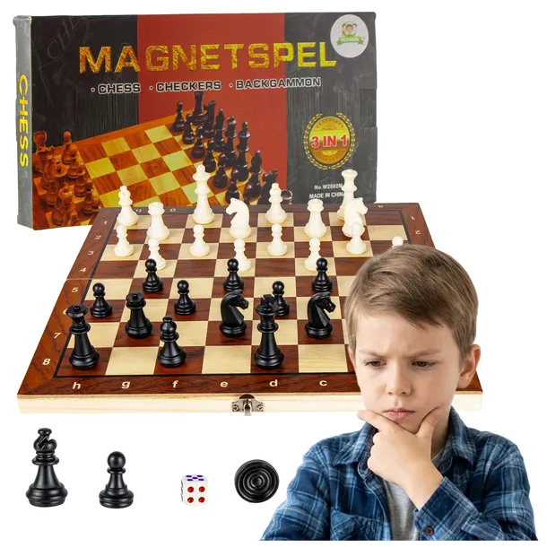 Magnetyczny ZESTAW Gier 3w1 Szachy Warcaby i Tryktrak DREWNIANA Plansza