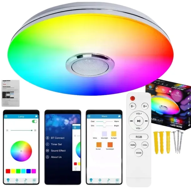 LAMPA LED PLAFON SUFITOWY 60W 30CM RGB GŁOŚNIK BLUETOOTH SMART + PILOT