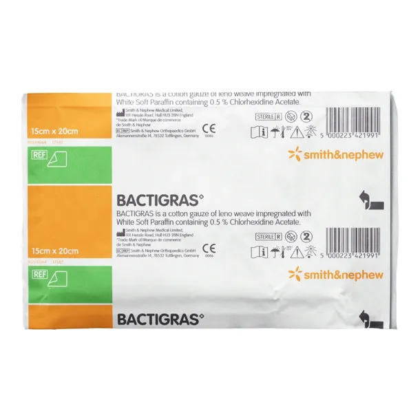 5x BACTIGRAS Opatrunek parafinowy chlorheksydyną 15X20CM 7461 Nie przywiera