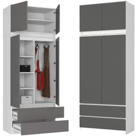 szafa-z-nadstawka-2d2s-90-cm-drazek-na-wieszaki-6-polek-biala-szary-front
