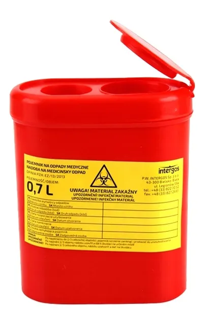 Pojemnik plastikowy na odpady medyczne 0,7 l czerwony owalny
