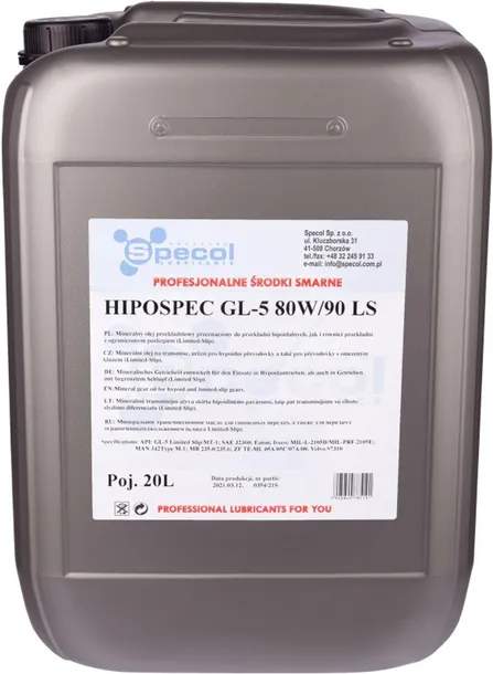 OLEJ SPECOL 80W90 20L GL5 LS HIPOSPEC / PRZEKŁADNIOWY 101036 SPECOL