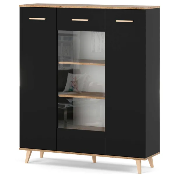 WITRYNA SZKLANA 120 CM SZAFKA REGAŁ KOMODA DO SALONU CZARNA DĄB WOTAN LOFT