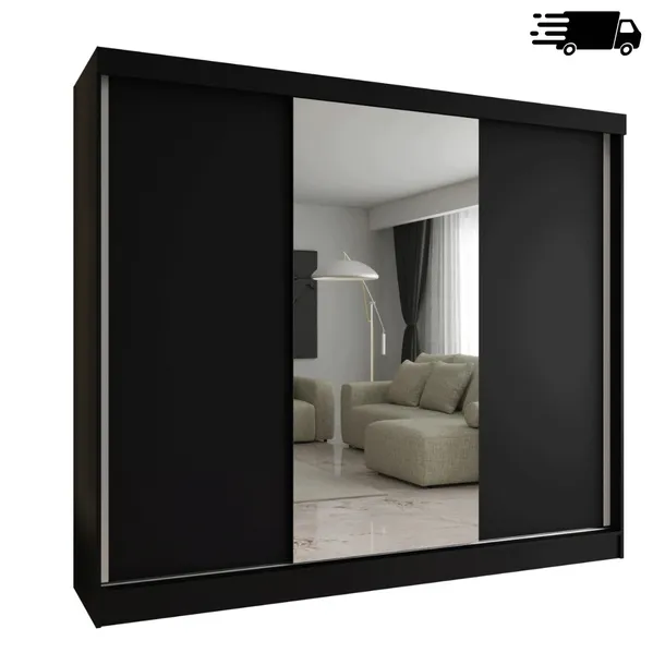 SZAFA PRZESUWNA Z LUSTREM 3D 200x205x59 cm - CZARNY MAT - trzydrzwiowa S24