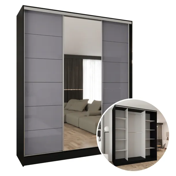 SZAFA TRZYDRZWIOWA 230x250x60 CM - CZARNY - SZKŁO LACOBEL SZARE - Z LUSTREM