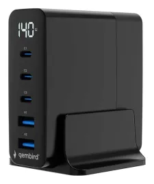 gembird-szybka-ladowarka-usb-gan-5-portowa-140-w-czarna