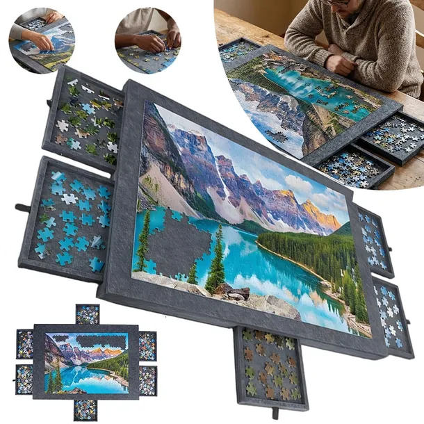 STOLIK DO UKŁADNIA PUZZLI SKŁADANA FILCOWA MATA ORGANIZER Z 6 SZUFLADAMI