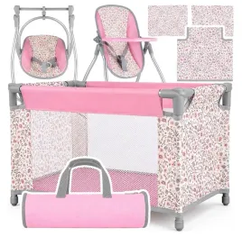 zestaw-dla-lalek-2w1-pink-flowers-lozeczko-posciel-krzeselko-hustawka