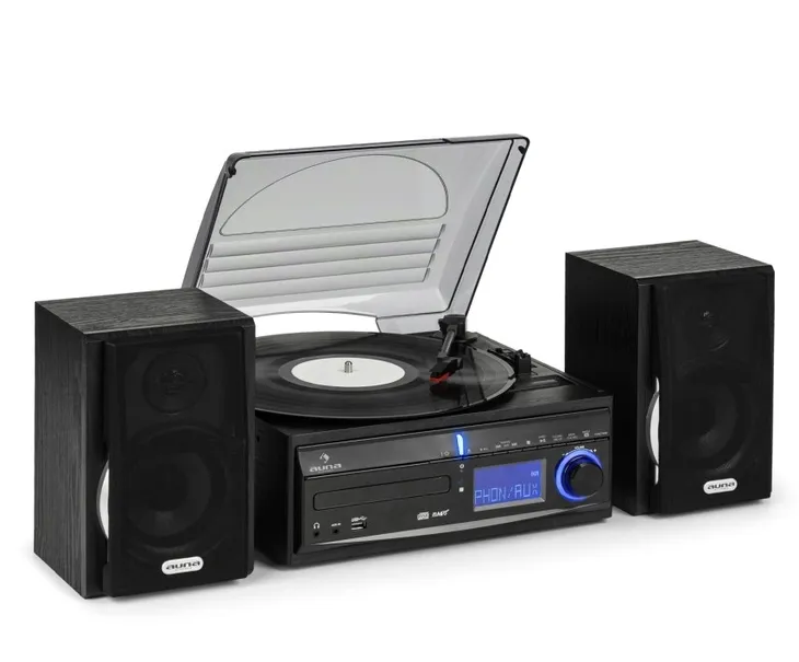 Wieża stereo, gramofon, CD, rekorder MP3, USB SD AUX-In FM, głośniki
